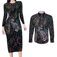 Aotearoa Moko Tribal Tattoo Couples Matching Long Sleeve Bodycon Dress and Long Sleeve Button Shirt New Zealand Maori Penguin and Fantail Paua Shell Style LT03 Multicolor - Polynesian Pride