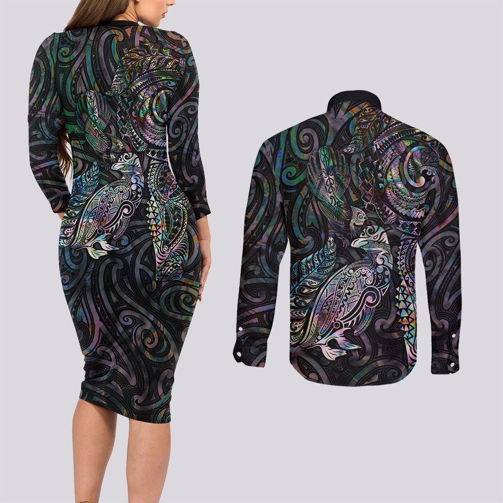Aotearoa Moko Tribal Tattoo Couples Matching Long Sleeve Bodycon Dress and Long Sleeve Button Shirt New Zealand Maori Penguin and Fantail Paua Shell Style LT03 - Polynesian Pride