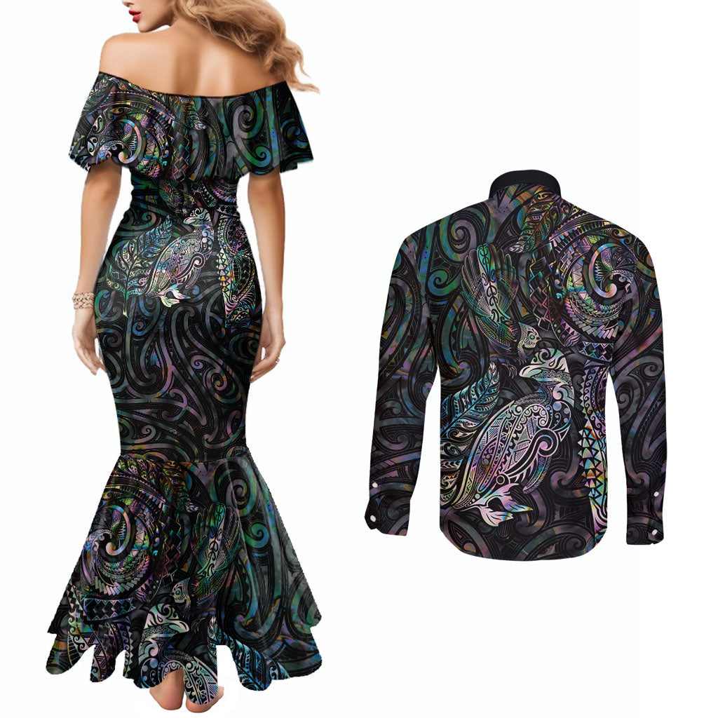 Aotearoa Moko Tribal Tattoo Couples Matching Mermaid Dress and Long Sleeve Button Shirt New Zealand Maori Penguin and Fantail Paua Shell Style