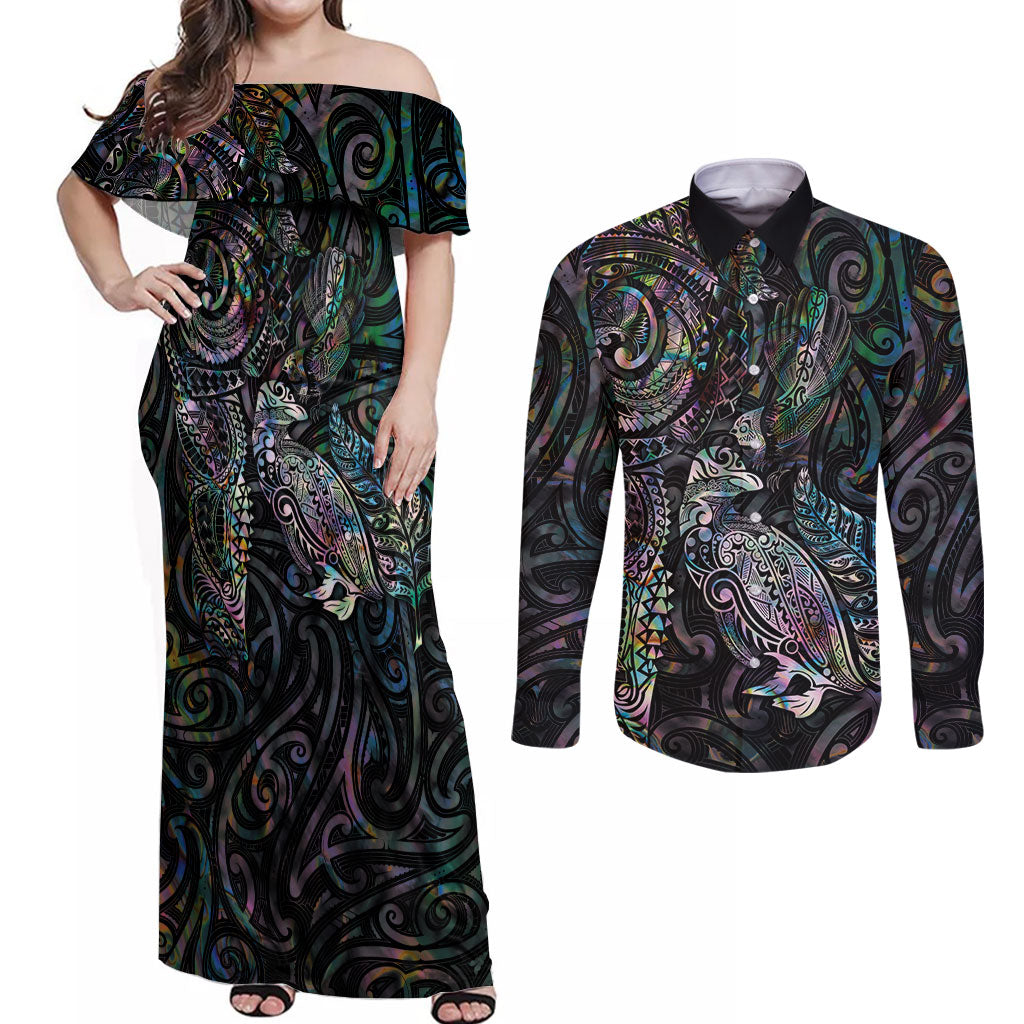 Aotearoa Moko Tribal Tattoo Couples Matching Off Shoulder Maxi Dress and Long Sleeve Button Shirt New Zealand Maori Penguin and Fantail Paua Shell Style