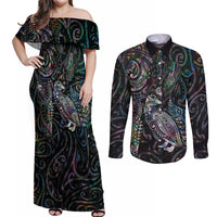 Aotearoa Moko Tribal Tattoo Couples Matching Off Shoulder Maxi Dress and Long Sleeve Button Shirt New Zealand Maori Penguin and Fantail Paua Shell Style