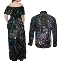 Aotearoa Moko Tribal Tattoo Couples Matching Off Shoulder Maxi Dress and Long Sleeve Button Shirt New Zealand Maori Penguin and Fantail Paua Shell Style