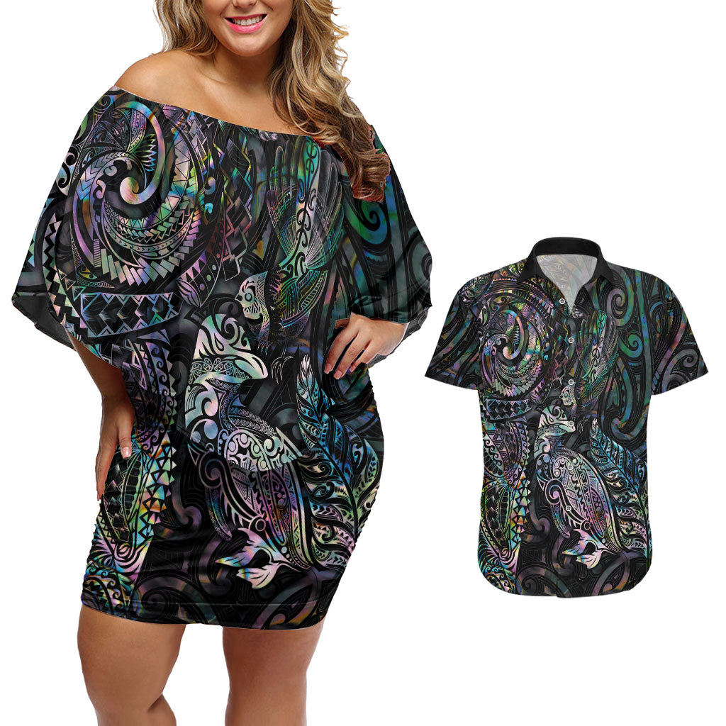 Aotearoa Moko Tribal Tattoo Couples Matching Off Shoulder Short Dress and Hawaiian Shirt New Zealand Maori Penguin and Fantail Paua Shell Style