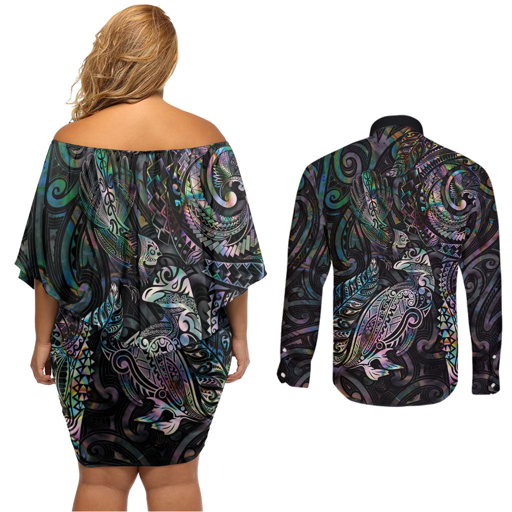 Aotearoa Moko Tribal Tattoo Couples Matching Off Shoulder Short Dress and Long Sleeve Button Shirt New Zealand Maori Penguin and Fantail Paua Shell Style