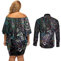 Aotearoa Moko Tribal Tattoo Couples Matching Off Shoulder Short Dress and Long Sleeve Button Shirt New Zealand Maori Penguin and Fantail Paua Shell Style
