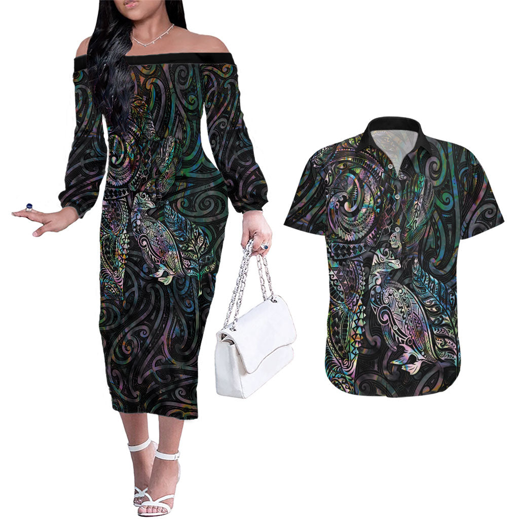 Aotearoa Moko Tribal Tattoo Couples Matching Off The Shoulder Long Sleeve Dress and Hawaiian Shirt New Zealand Maori Penguin and Fantail Paua Shell Style