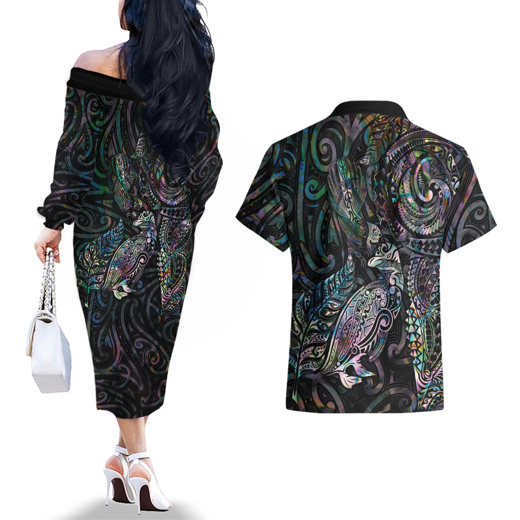 Aotearoa Moko Tribal Tattoo Couples Matching Off The Shoulder Long Sleeve Dress and Hawaiian Shirt New Zealand Maori Penguin and Fantail Paua Shell Style