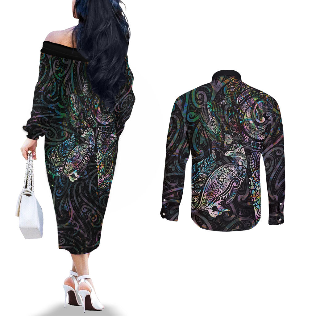 Aotearoa Moko Tribal Tattoo Couples Matching Off The Shoulder Long Sleeve Dress and Long Sleeve Button Shirt New Zealand Maori Penguin and Fantail Paua Shell Style LT03 - Polynesian Pride