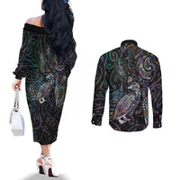Aotearoa Moko Tribal Tattoo Couples Matching Off The Shoulder Long Sleeve Dress and Long Sleeve Button Shirt New Zealand Maori Penguin and Fantail Paua Shell Style LT03 - Polynesian Pride