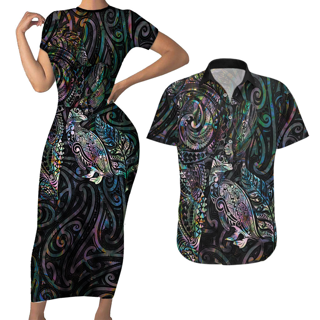 Aotearoa Moko Tribal Tattoo Couples Matching Short Sleeve Bodycon Dress and Hawaiian Shirt New Zealand Maori Penguin and Fantail Paua Shell Style