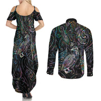 Aotearoa Moko Tribal Tattoo Couples Matching Summer Maxi Dress and Long Sleeve Button Shirt New Zealand Maori Penguin and Fantail Paua Shell Style