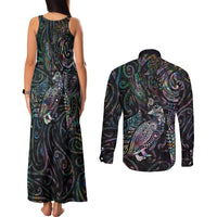 Aotearoa Moko Tribal Tattoo Couples Matching Tank Maxi Dress and Long Sleeve Button Shirt New Zealand Maori Penguin and Fantail Paua Shell Style