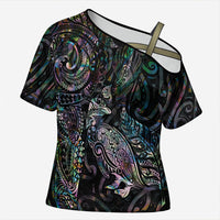 Aotearoa Moko Tribal Tattoo Cross Shoulder Shirt New Zealand Maori Penguin and Fantail Paua Shell Style