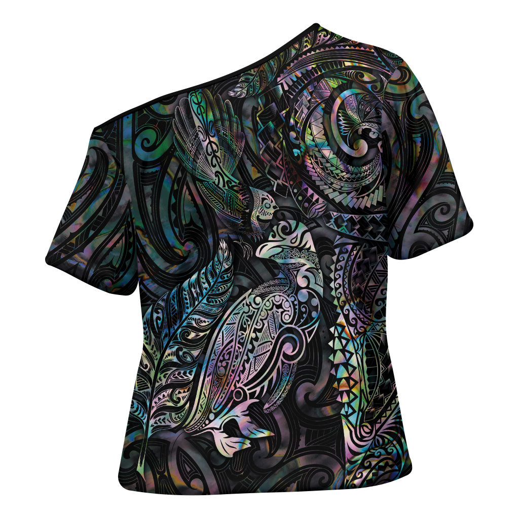 Aotearoa Moko Tribal Tattoo Cross Shoulder Shirt New Zealand Maori Penguin and Fantail Paua Shell Style