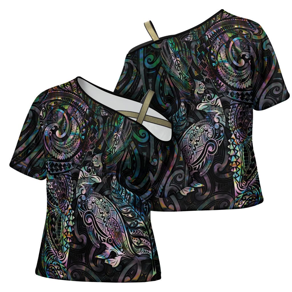 Aotearoa Moko Tribal Tattoo Cross Shoulder Shirt New Zealand Maori Penguin and Fantail Paua Shell Style