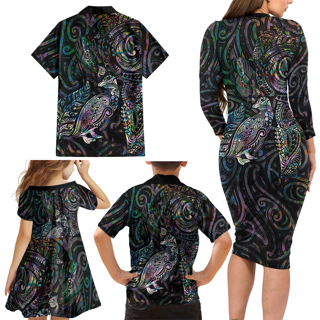 Aotearoa Moko Tribal Tattoo Family Matching Long Sleeve Bodycon Dress and Hawaiian Shirt New Zealand Maori Penguin and Fantail Paua Shell Style