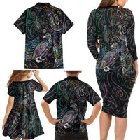 Aotearoa Moko Tribal Tattoo Family Matching Long Sleeve Bodycon Dress and Hawaiian Shirt New Zealand Maori Penguin and Fantail Paua Shell Style