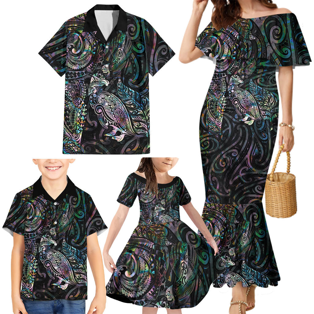Aotearoa Moko Tribal Tattoo Family Matching Mermaid Dress and Hawaiian Shirt New Zealand Maori Penguin and Fantail Paua Shell Style