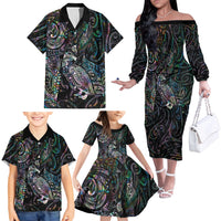 Aotearoa Moko Tribal Tattoo Family Matching Off The Shoulder Long Sleeve Dress and Hawaiian Shirt New Zealand Maori Penguin and Fantail Paua Shell Style