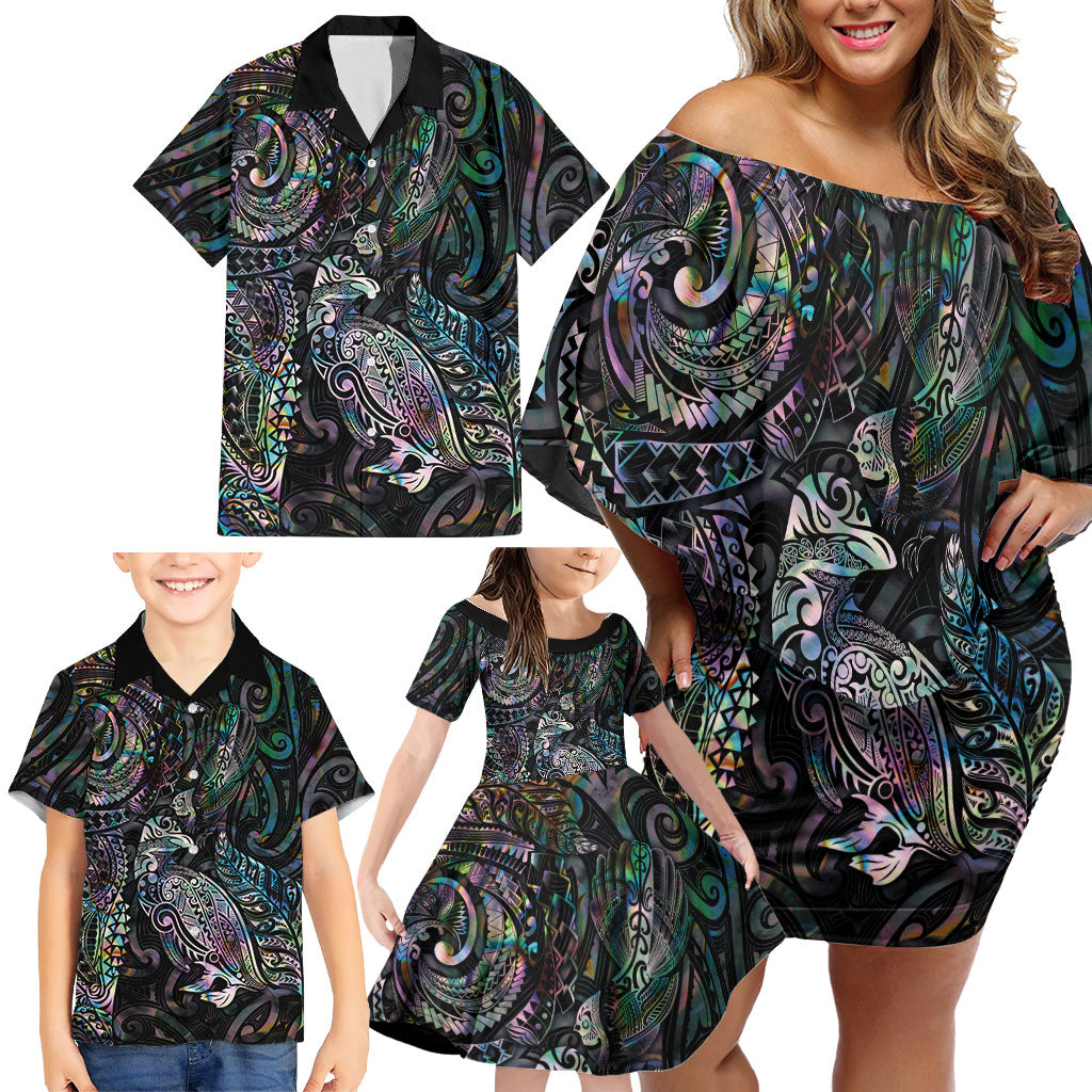 Aotearoa Moko Tribal Tattoo Family Matching Off Shoulder Short Dress and Hawaiian Shirt New Zealand Maori Penguin and Fantail Paua Shell Style