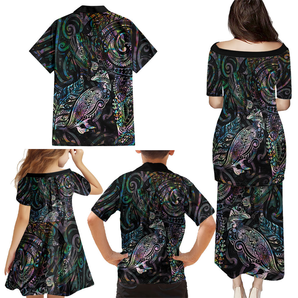 Aotearoa Moko Tribal Tattoo Family Matching Puletasi and Hawaiian Shirt New Zealand Maori Penguin and Fantail Paua Shell Style