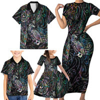 Aotearoa Moko Tribal Tattoo Family Matching Short Sleeve Bodycon Dress and Hawaiian Shirt New Zealand Maori Penguin and Fantail Paua Shell Style