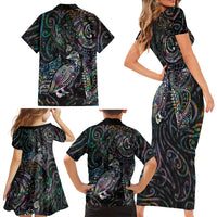Aotearoa Moko Tribal Tattoo Family Matching Short Sleeve Bodycon Dress and Hawaiian Shirt New Zealand Maori Penguin and Fantail Paua Shell Style