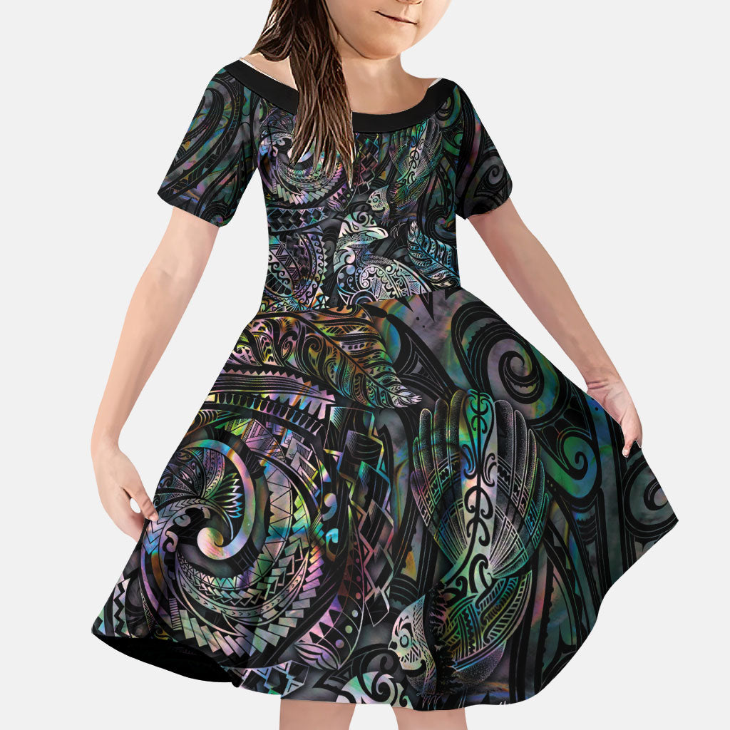 Aotearoa Moko Tribal Tattoo Family Matching Summer Maxi Dress and Hawaiian Shirt New Zealand Maori Penguin and Fantail Paua Shell Style LT03 Daughter's Dress Multicolor - Polynesian Pride