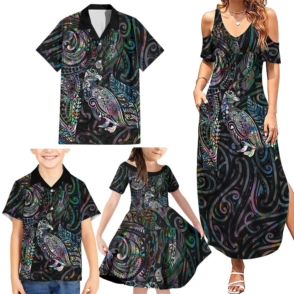Aotearoa Moko Tribal Tattoo Family Matching Summer Maxi Dress and Hawaiian Shirt New Zealand Maori Penguin and Fantail Paua Shell Style LT03 - Polynesian Pride