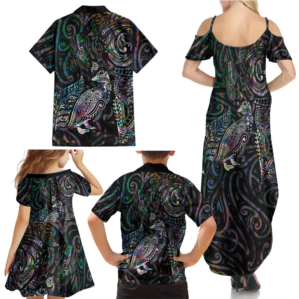 Aotearoa Moko Tribal Tattoo Family Matching Summer Maxi Dress and Hawaiian Shirt New Zealand Maori Penguin and Fantail Paua Shell Style LT03 - Polynesian Pride