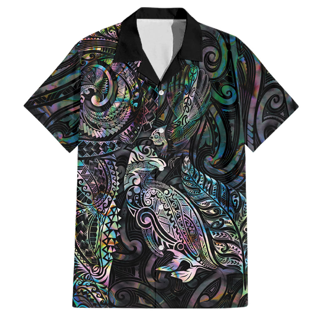 Aotearoa Moko Tribal Tattoo Family Matching Summer Maxi Dress and Hawaiian Shirt New Zealand Maori Penguin and Fantail Paua Shell Style LT03 Dad's Shirt - Short Sleeve Multicolor - Polynesian Pride