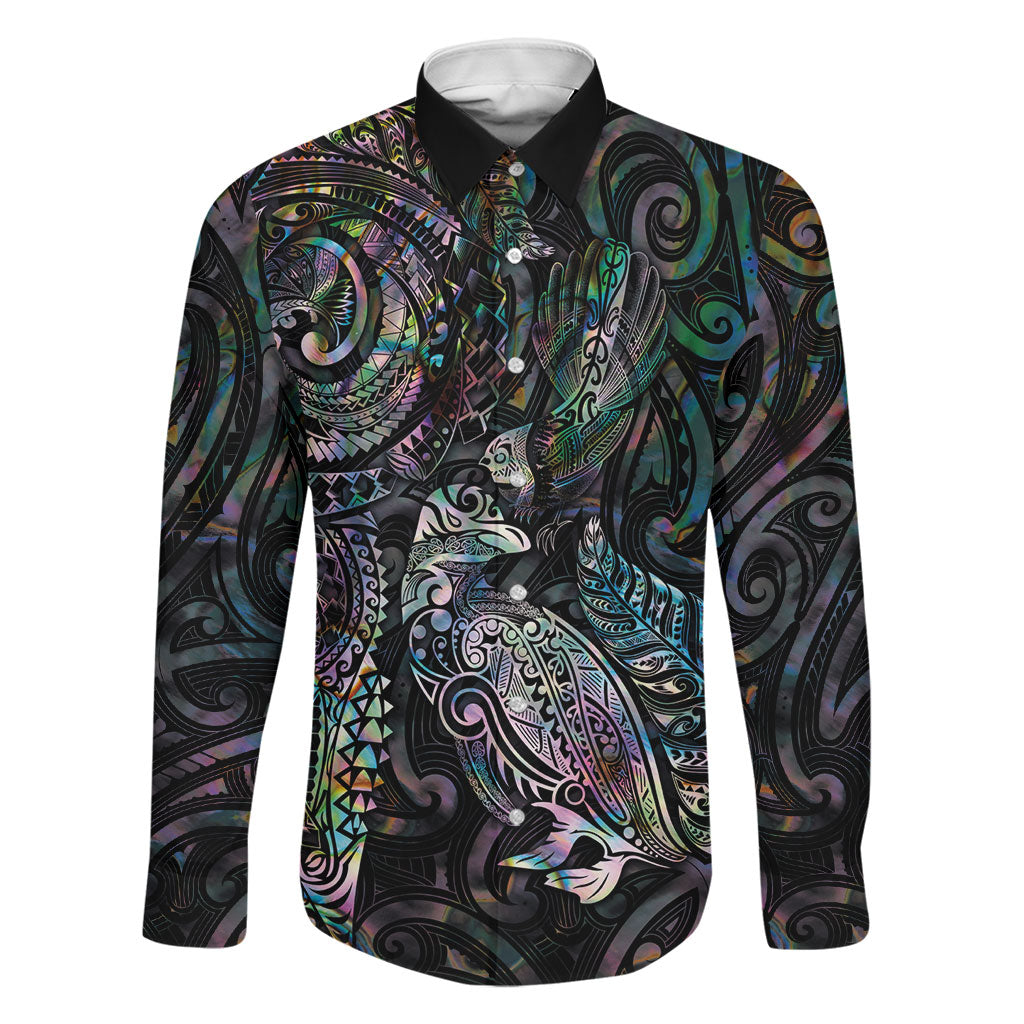 Aotearoa Moko Tribal Tattoo Family Matching Summer Maxi Dress and Hawaiian Shirt New Zealand Maori Penguin and Fantail Paua Shell Style LT03 Dad's Shirt - Long Sleeve Multicolor - Polynesian Pride