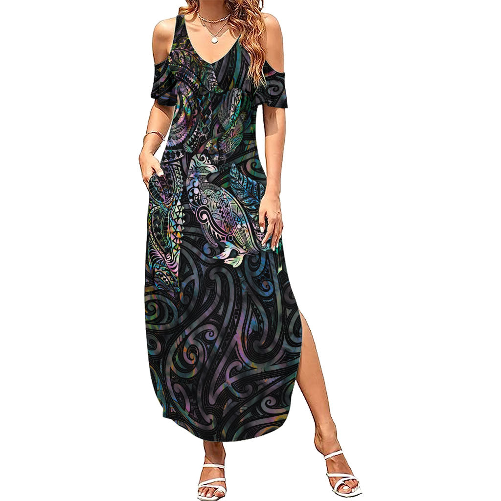 Aotearoa Moko Tribal Tattoo Family Matching Summer Maxi Dress and Hawaiian Shirt New Zealand Maori Penguin and Fantail Paua Shell Style LT03 Mom's Dress Multicolor - Polynesian Pride