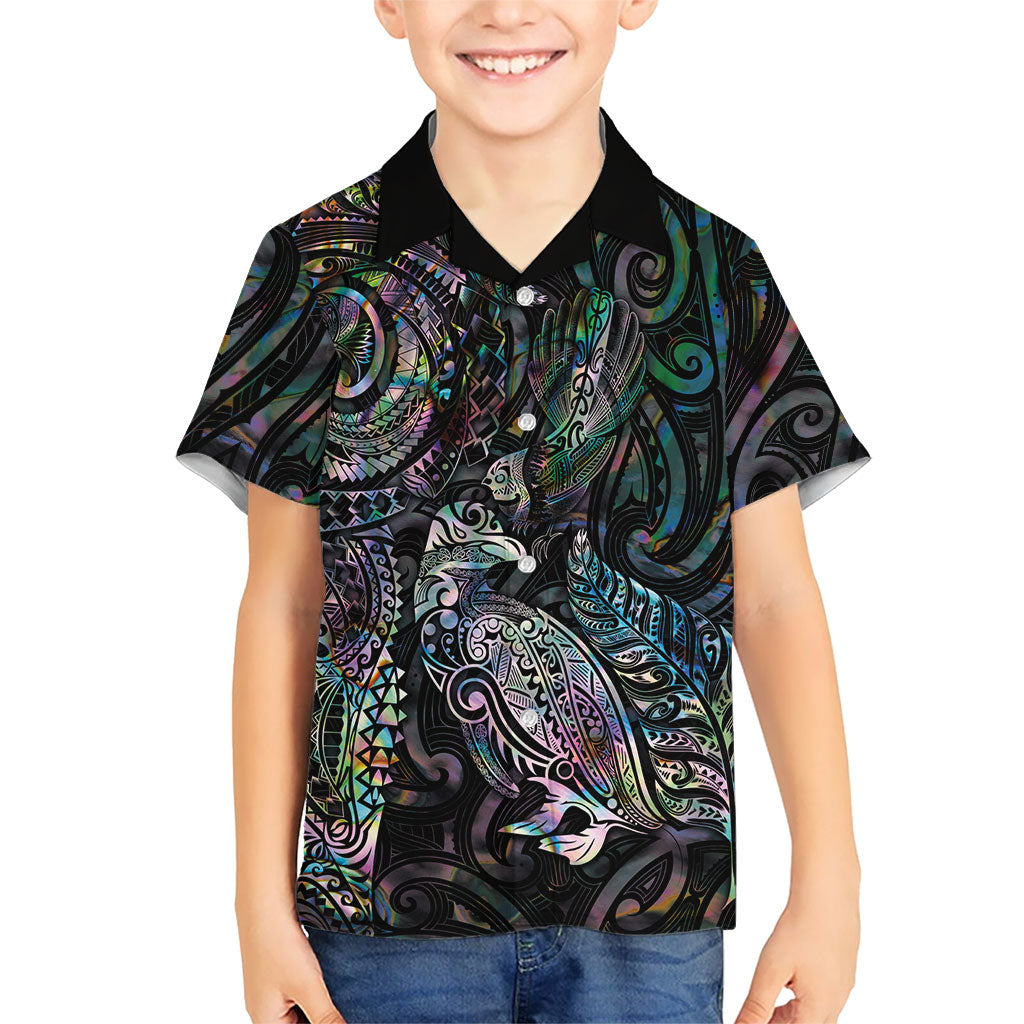 Aotearoa Moko Tribal Tattoo Family Matching Summer Maxi Dress and Hawaiian Shirt New Zealand Maori Penguin and Fantail Paua Shell Style LT03 Son's Shirt Multicolor - Polynesian Pride