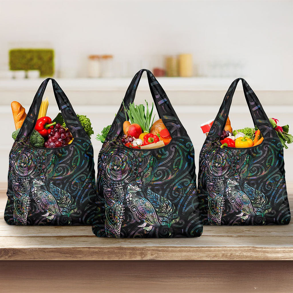 Aotearoa Moko Tribal Tattoo Grocery Bag New Zealand Maori Penguin and Fantail Paua Shell Style