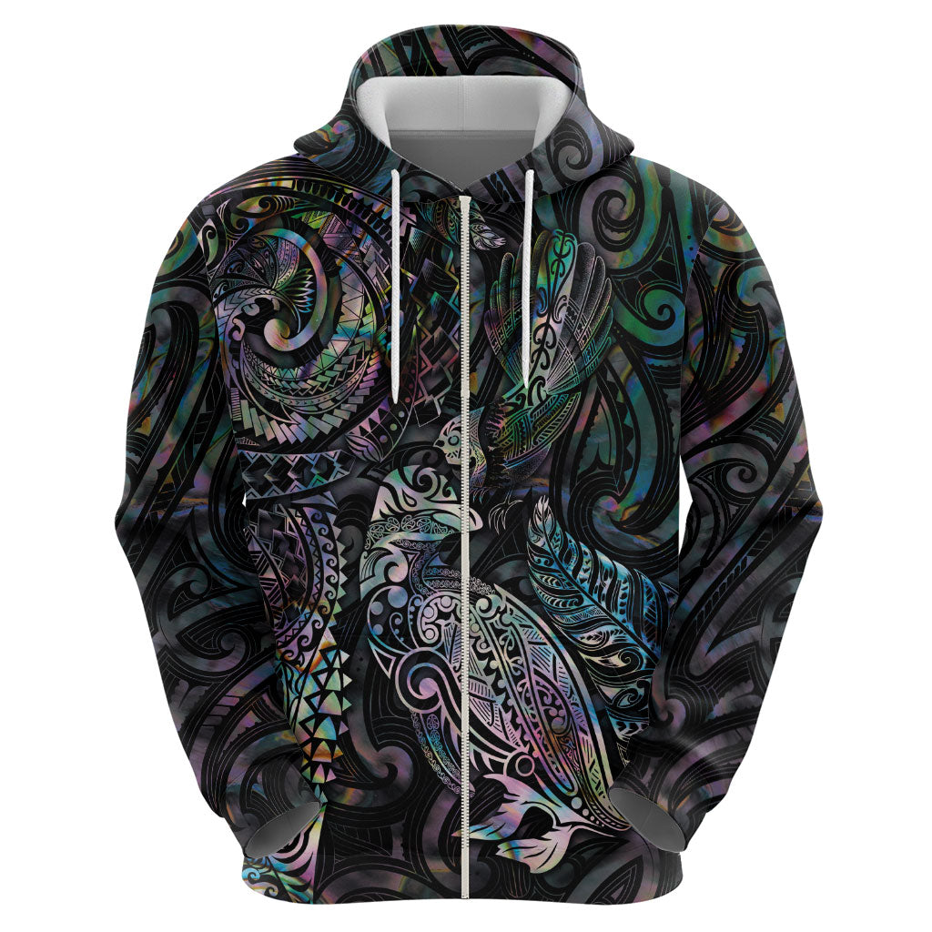 Aotearoa Moko Tribal Tattoo Hoodie New Zealand Maori Penguin and Fantail Paua Shell Style