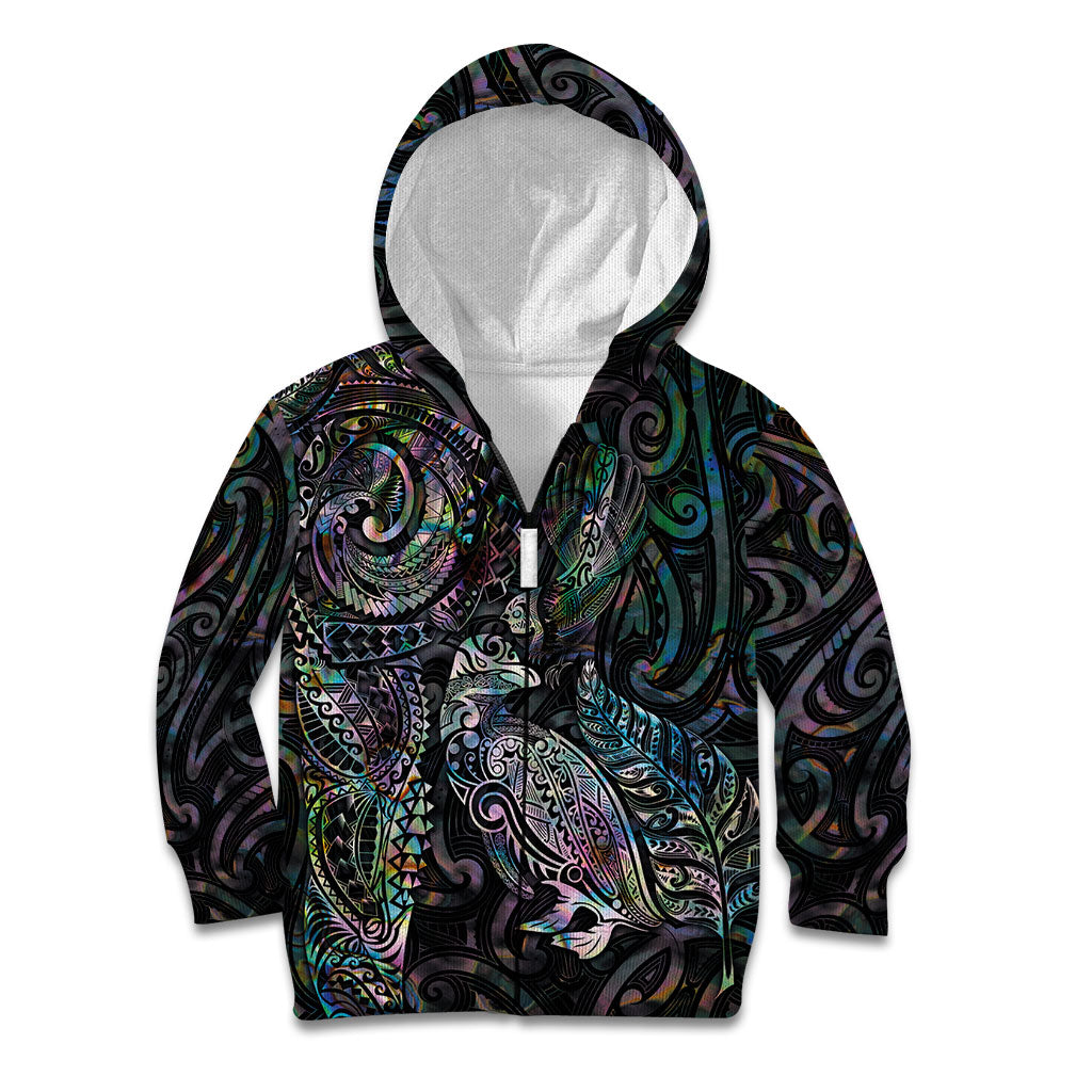Aotearoa Moko Tribal Tattoo Kid Hoodie New Zealand Maori Penguin and Fantail Paua Shell Style