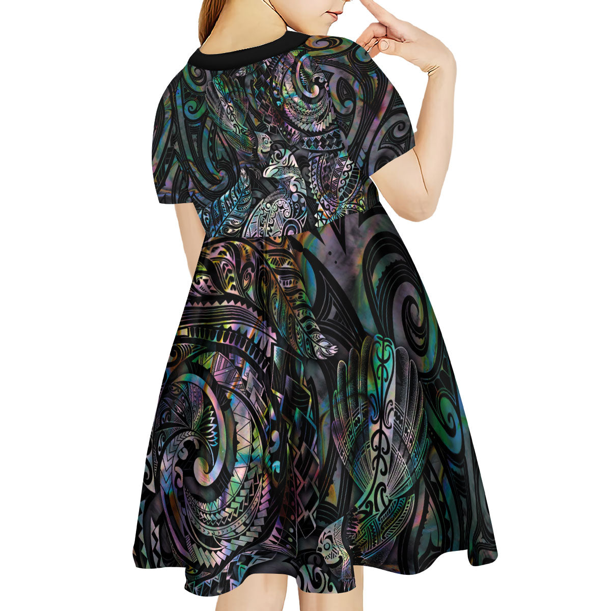 Aotearoa Moko Tribal Tattoo Kid Short Sleeve Dress New Zealand Maori Penguin and Fantail Paua Shell Style