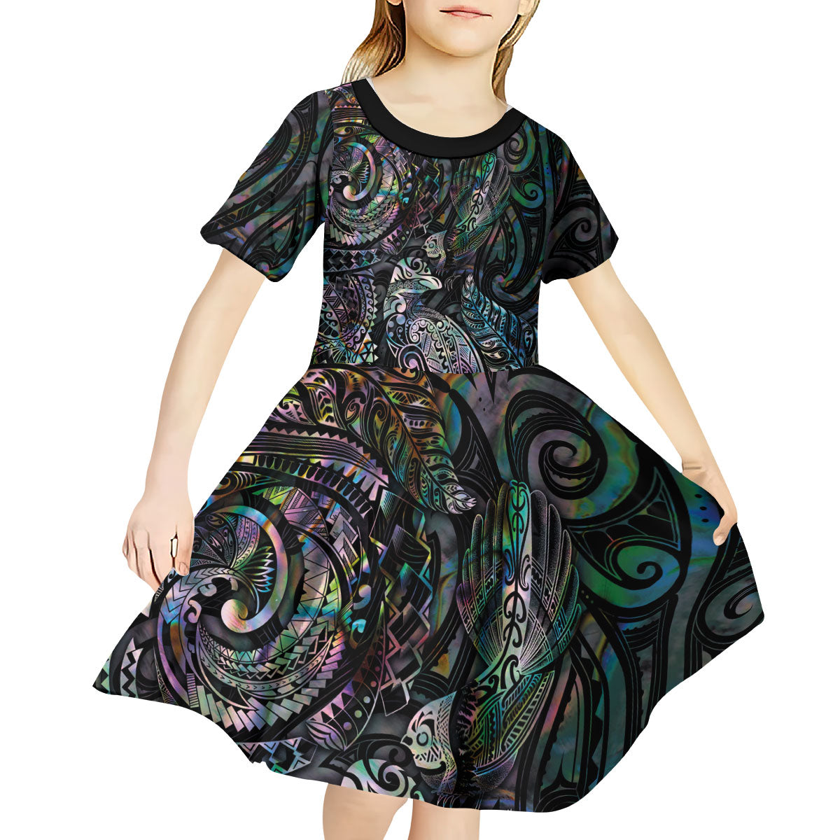 Aotearoa Moko Tribal Tattoo Kid Short Sleeve Dress New Zealand Maori Penguin and Fantail Paua Shell Style
