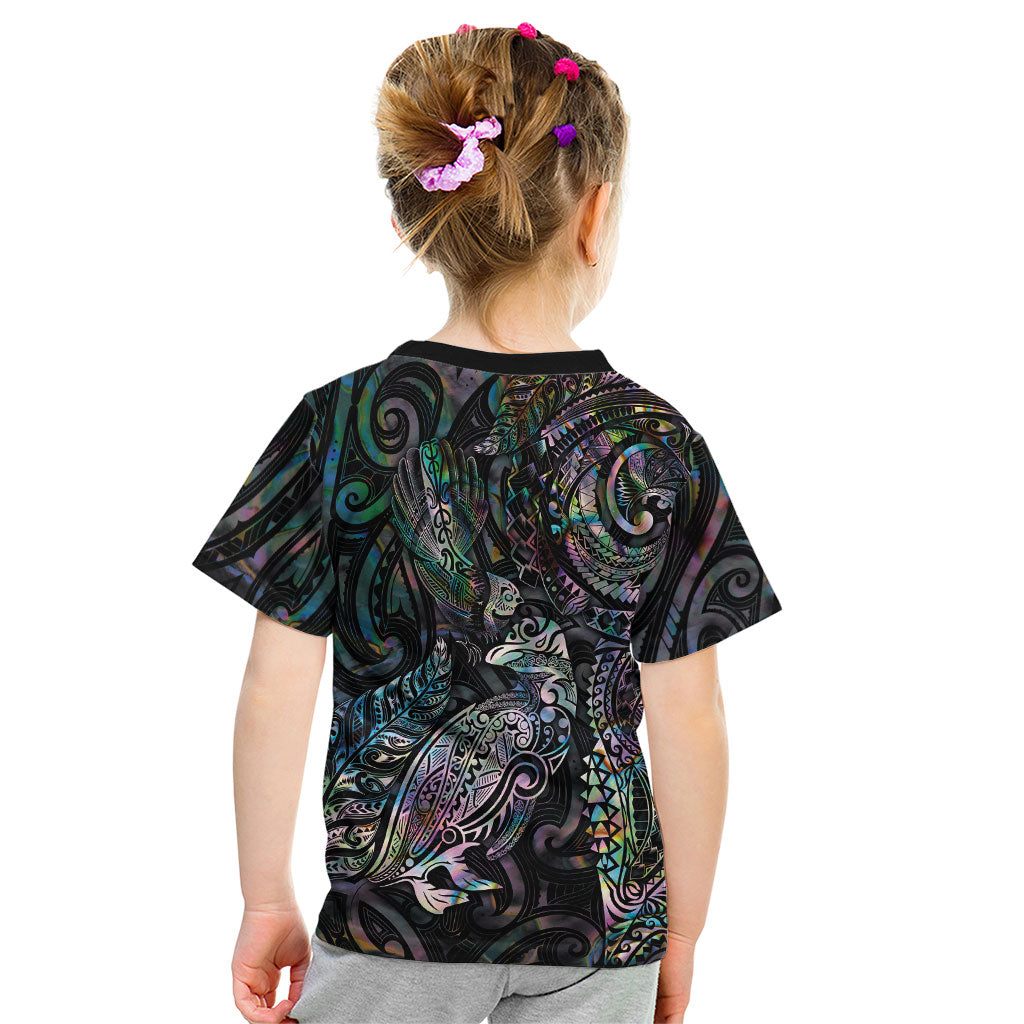 Aotearoa Moko Tribal Tattoo Kid T Shirt New Zealand Maori Penguin and Fantail Paua Shell Style