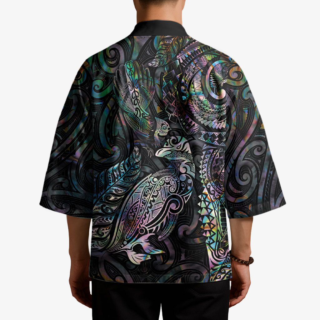 Aotearoa Moko Tribal Tattoo Kimono New Zealand Maori Penguin and Fantail Paua Shell Style