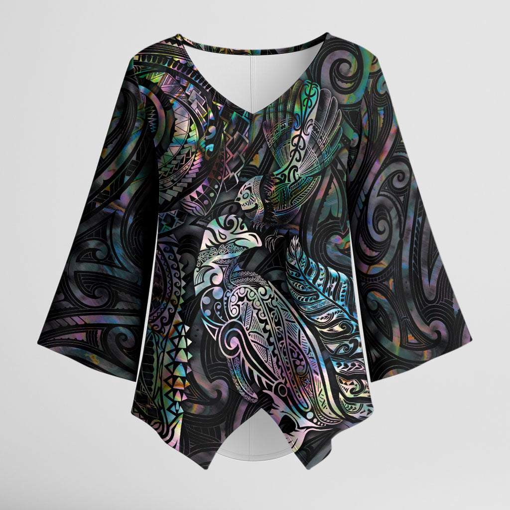 Aotearoa Moko Tribal Tattoo Kimono Sleeve Blouse New Zealand Maori Penguin and Fantail Paua Shell Style