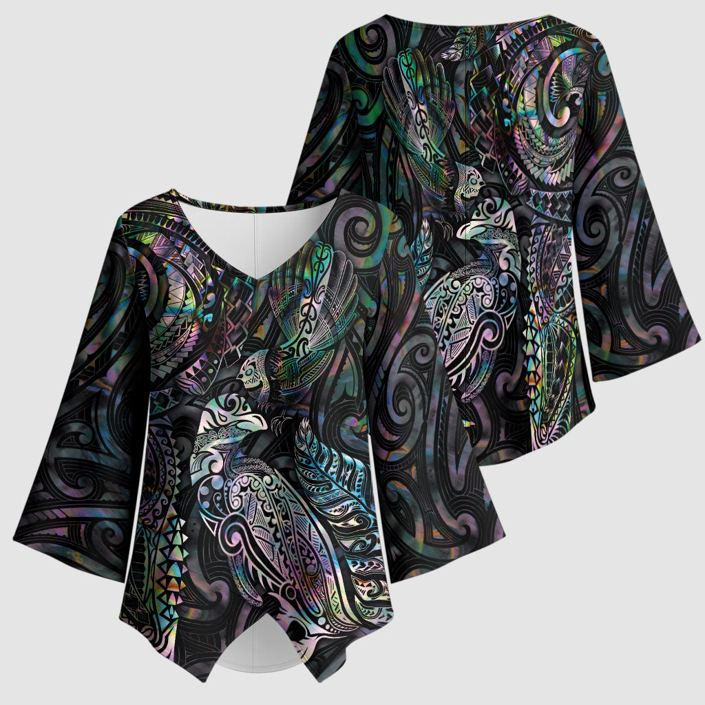 Aotearoa Moko Tribal Tattoo Kimono Sleeve Blouse New Zealand Maori Penguin and Fantail Paua Shell Style