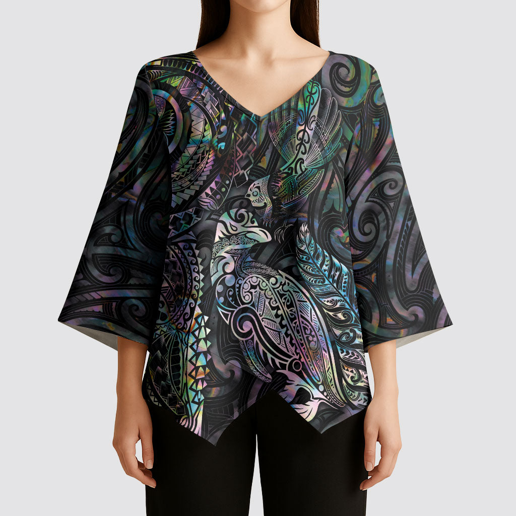 Aotearoa Moko Tribal Tattoo Kimono Sleeve Blouse New Zealand Maori Penguin and Fantail Paua Shell Style