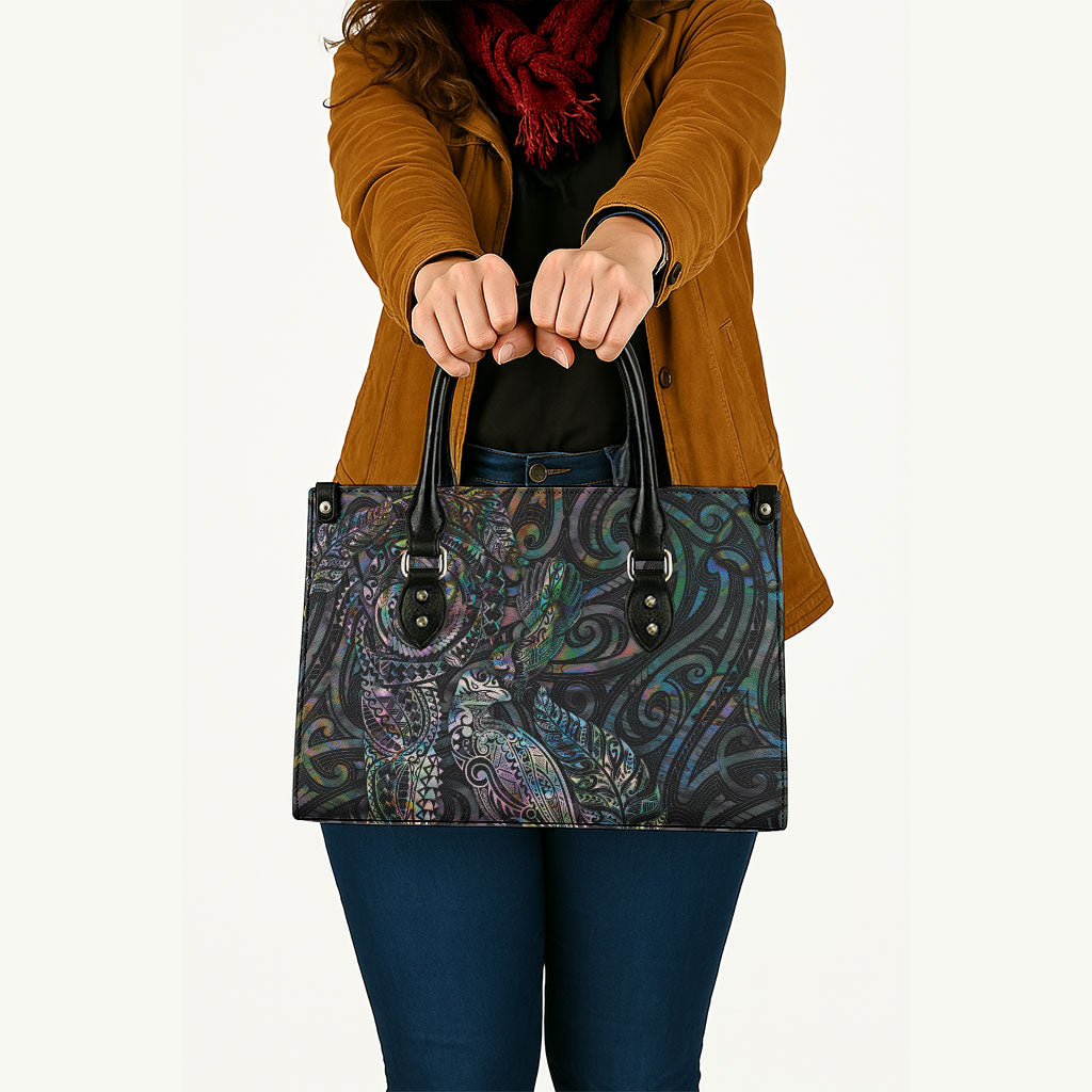 Aotearoa Moko Tribal Tattoo Leather Bag New Zealand Maori Penguin and Fantail Paua Shell Style