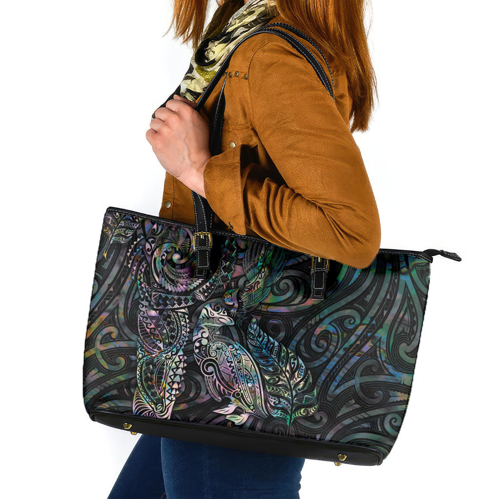 Aotearoa Moko Tribal Tattoo Leather Tote Bag New Zealand Maori Penguin and Fantail Paua Shell Style