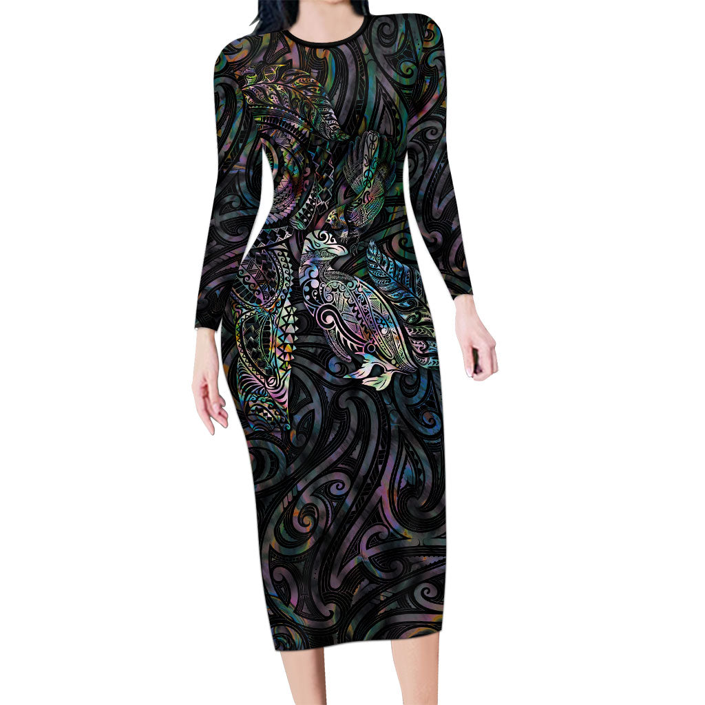 Aotearoa Moko Tribal Tattoo Long Sleeve Bodycon Dress New Zealand Maori Penguin and Fantail Paua Shell Style