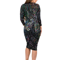 Aotearoa Moko Tribal Tattoo Long Sleeve Bodycon Dress New Zealand Maori Penguin and Fantail Paua Shell Style