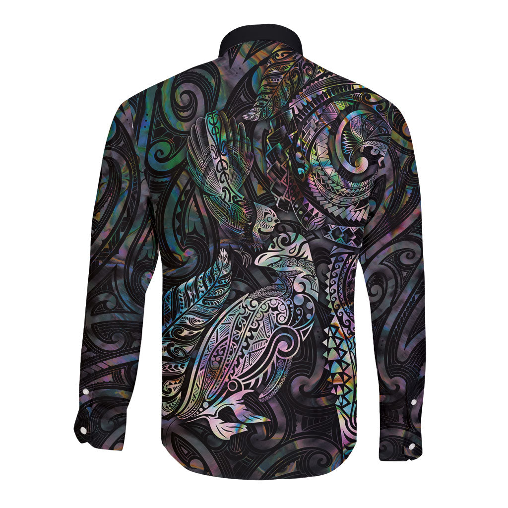 Aotearoa Moko Tribal Tattoo Long Sleeve Button Shirt New Zealand Maori Penguin and Fantail Paua Shell Style