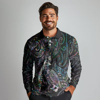 Aotearoa Moko Tribal Tattoo Long Sleeve Polo Shirt New Zealand Maori Penguin and Fantail Paua Shell Style